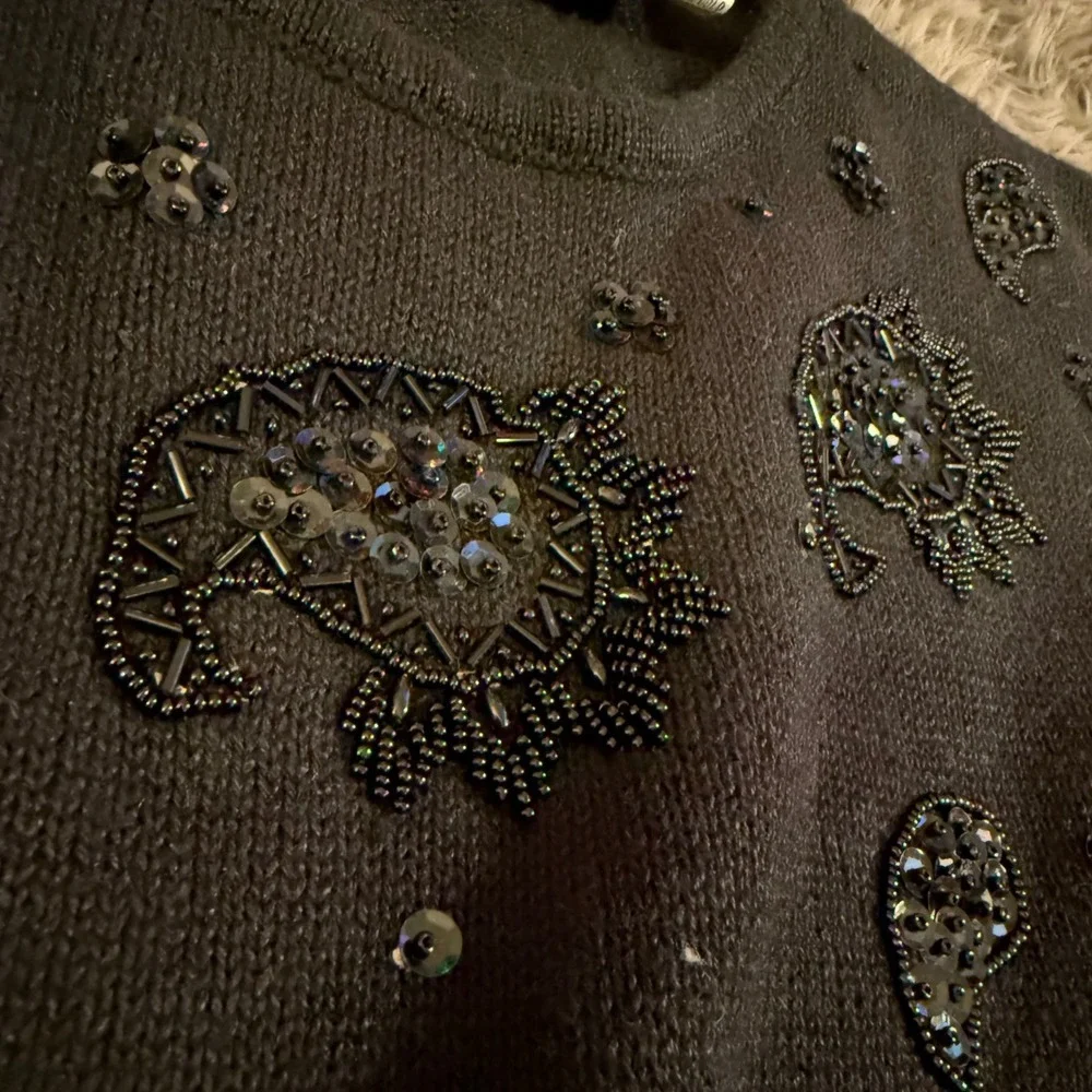 Vtg Dana Scott women's L Black Beaded Sequin Embellished Knit Sweater warm EUC‎